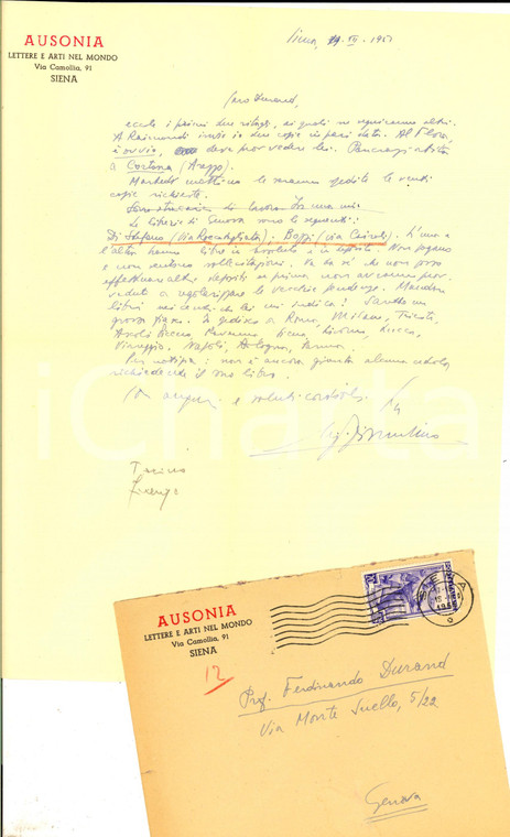 1957 SIENA AUSONIA Luigi FIORENTINO segnala librerie di Genova *Autografo