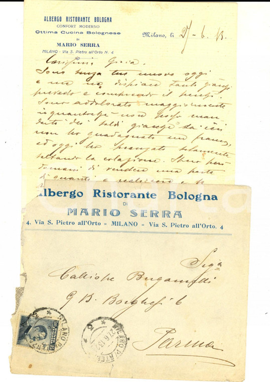 1913 MILANO Albergo Ristorante BOLOGNA di Mario SERRA *Lettera privata