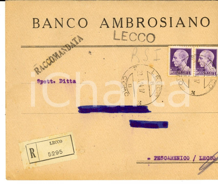 1944 STORIA POSTALE RSI LECCO Busta BANCO AMBROSIANO Raccomandata