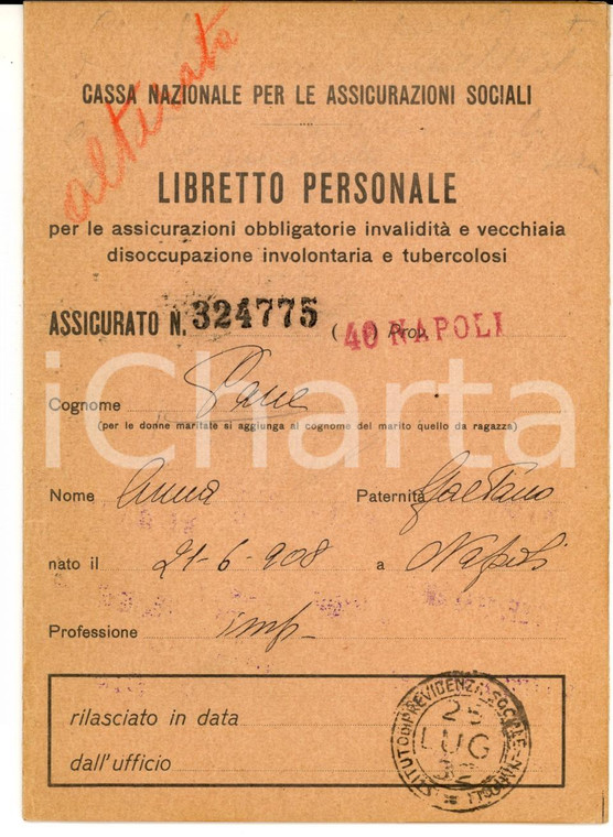 1932 NAPOLI Cassa Nazionale Assicurazioni - Libretto personale Anna PANE