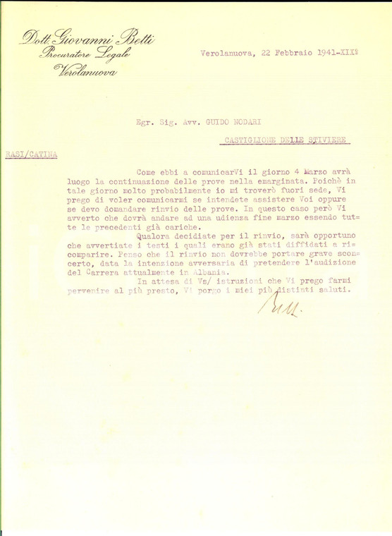 1941 VEROLANUOVA (BS) Lettera Giovanni BETTI procuratore legale per causa