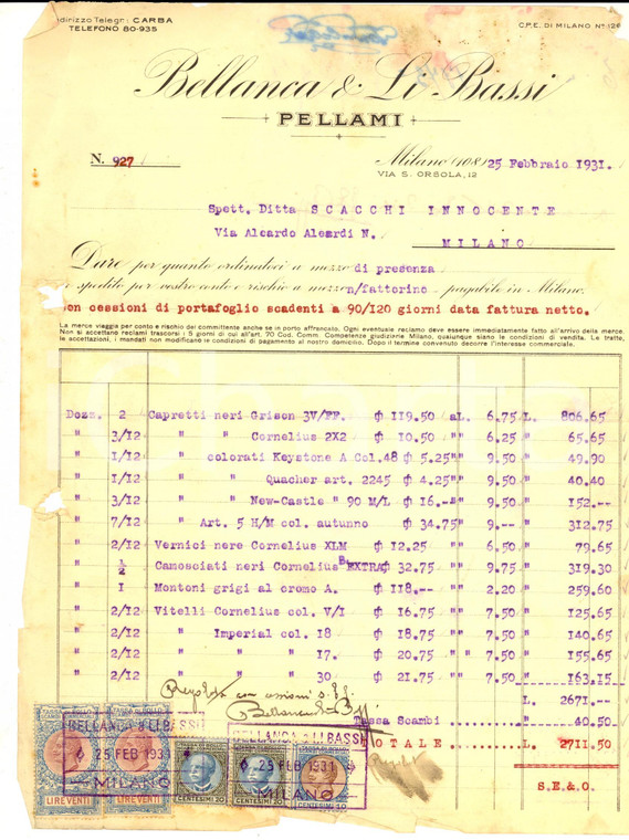 1931 MILANO Ditta BELLANCA & LI BASSI Pellami *Fattura intestata con bolli