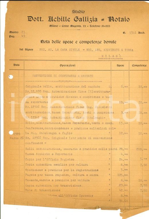 1929 MILANO Notaio Achille GALLIZIA - Nota spese e competenze dovute