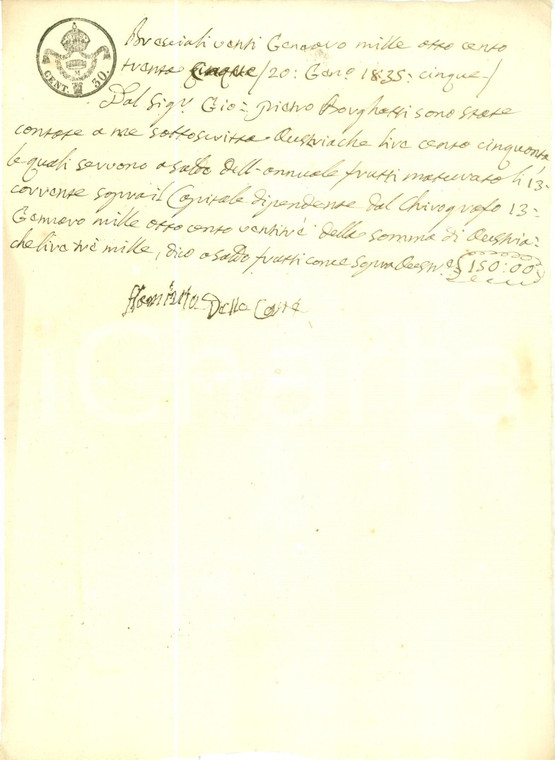 1835 BRESCIA Giovanni Pietro BORGHETTI paga interessi su capitale *Documento