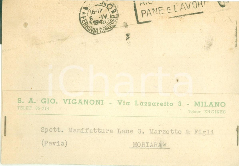 1948 MILANO Società Anonima Giovanni VIGANONI *Cartolina commerciale DANNEGGIATA