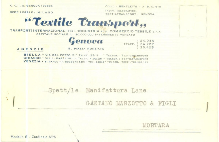 1959 GENOVA Trasporti Internazionali TEXTILE TRANSPORT *Cartolina commerciale