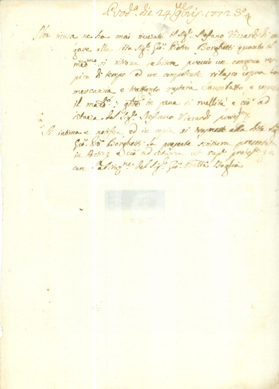 1772 BRESCIA Stefano VIZZARDI paga debiti alla Ditta di Pietro BORGHETTI