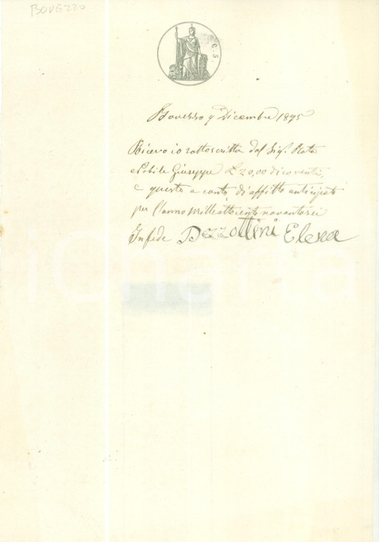 1895 BOVEZZO (BS) Elena PEZZOTTINI riceve affitto da Giuseppe ROTA *Documento