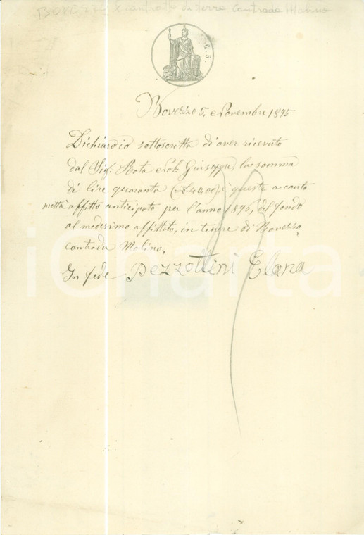 1895 BOVEZZO (BS) Giuseppe ROTA paga affitto a Elena PEZZOTTINI *Documento