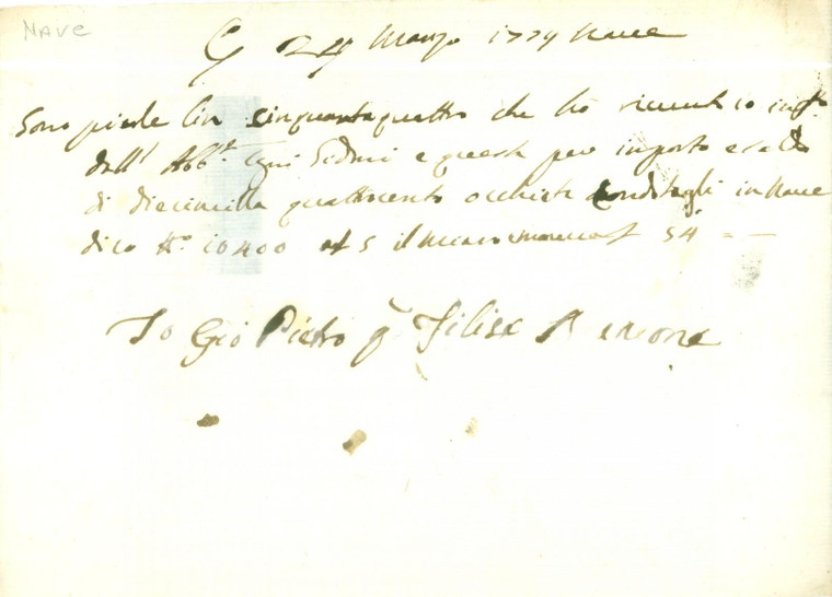 1774 NAVE (BS) Abate GHIDONI versa un pagamento *Ricevuta manoscritta