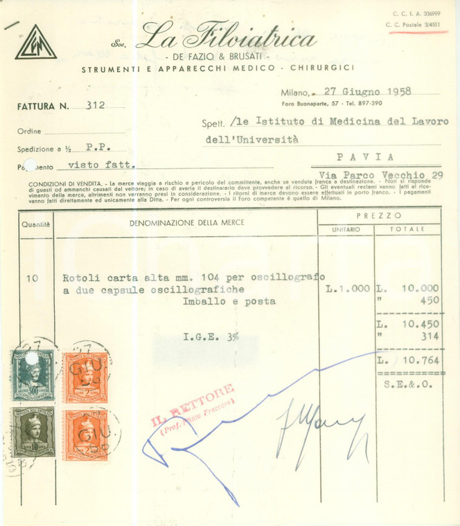 1958 MILANO Apparecchi medico-chirurgici LA FILOIATRICA De Fazio Brusati Fattura