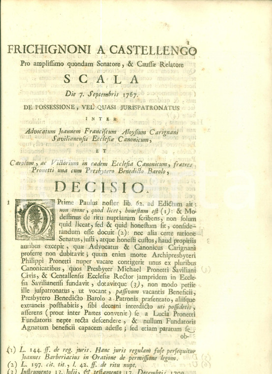 1768 SAVIGLIANO (CN) Diritto di nomina su Beneficio di Benedetto BAROLO Sentenza