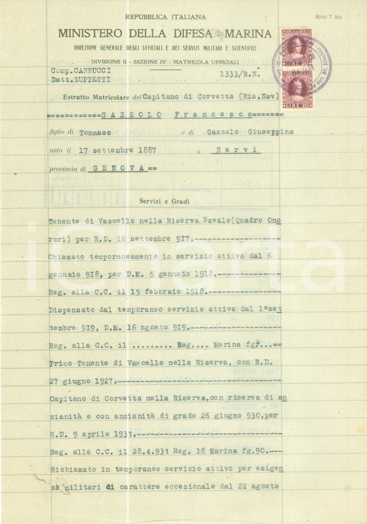 1948 GENOVA Francesco GAZZOLO Tenente di Vascello *Estratto matricolare