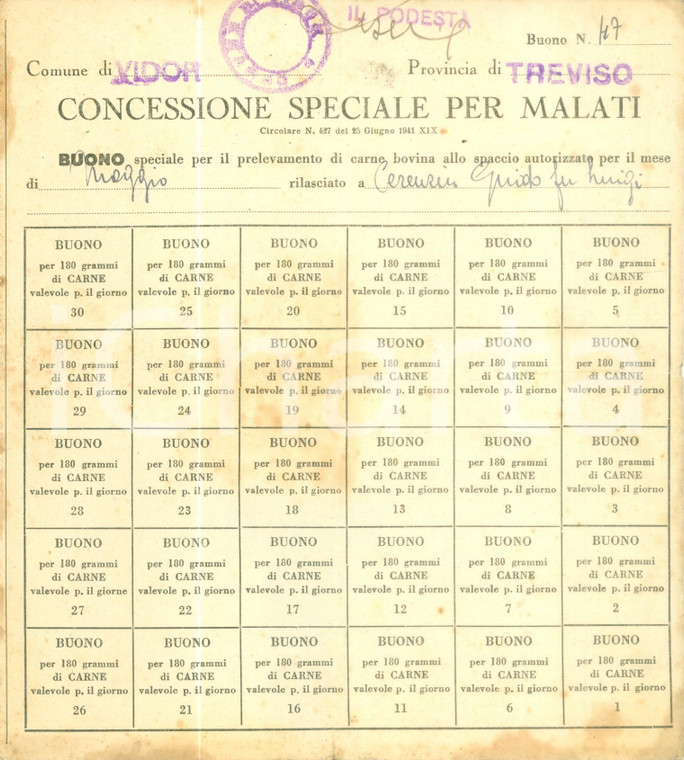 1941 VIDOR (TV) Concessione speciale per malati Buoni per carne bovina Documento