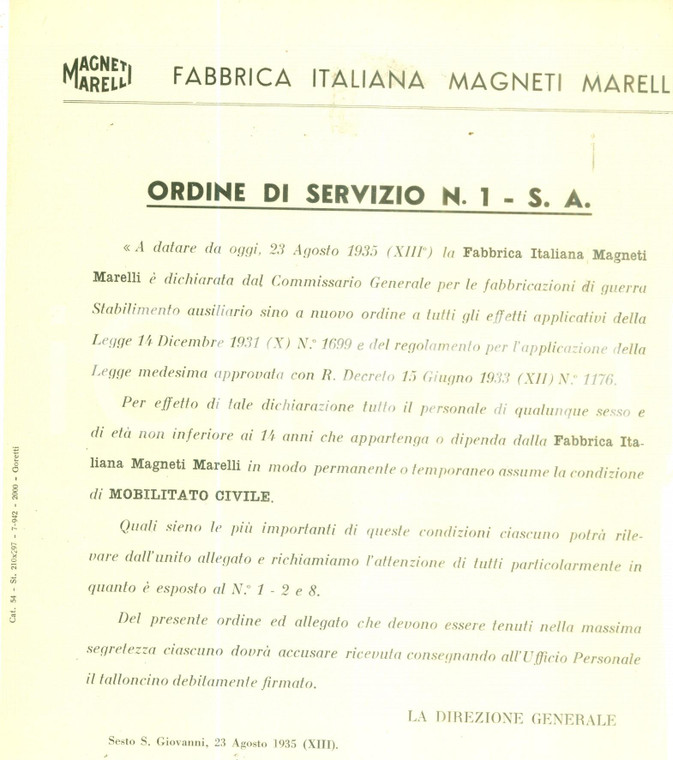 1935 SESTO SAN GIOVANNI (MI) Fabbrica Italiana MAGNETI MARELLI mobilitata civile