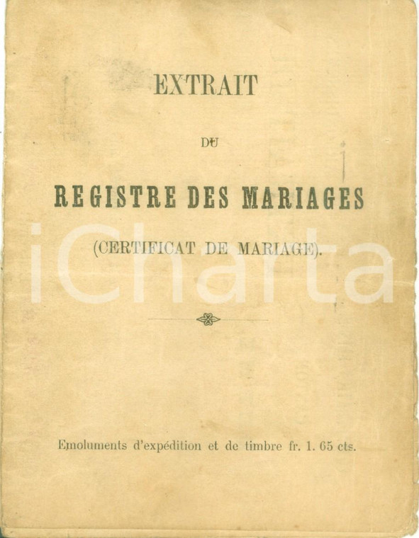 1905 BERN (SVIZZERA) Angelo VACCARIO Adele BONATO Certificato di matrimonio