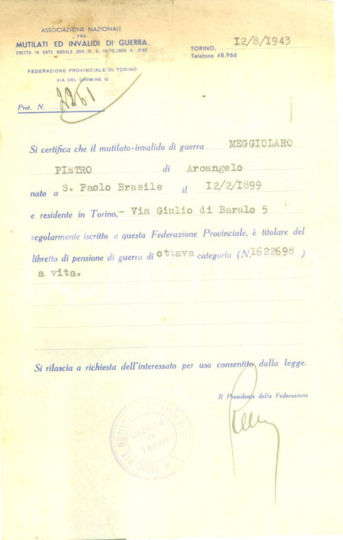 1943 TORINO Pietro MEGGIOLARO iscritto all'Associazione Mutilati Invalidi Guerra