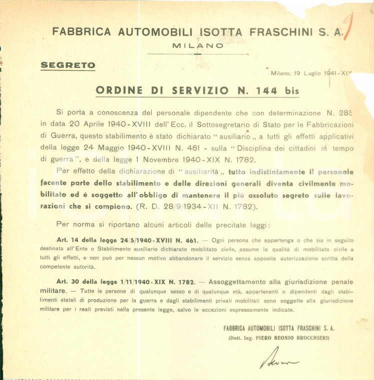 1941 MILANO Fabbrica Automobili ISOTTA FRASCHINI mobilitata *DANNEGGIATA