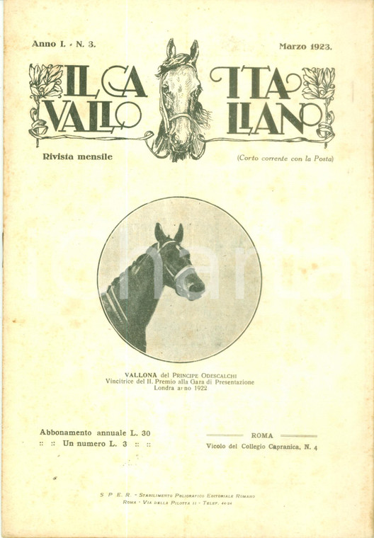 1923 IL CAVALLO ITALIANO Vallona del Principe ODESCALCHI *Rivista ILLUSTRATA