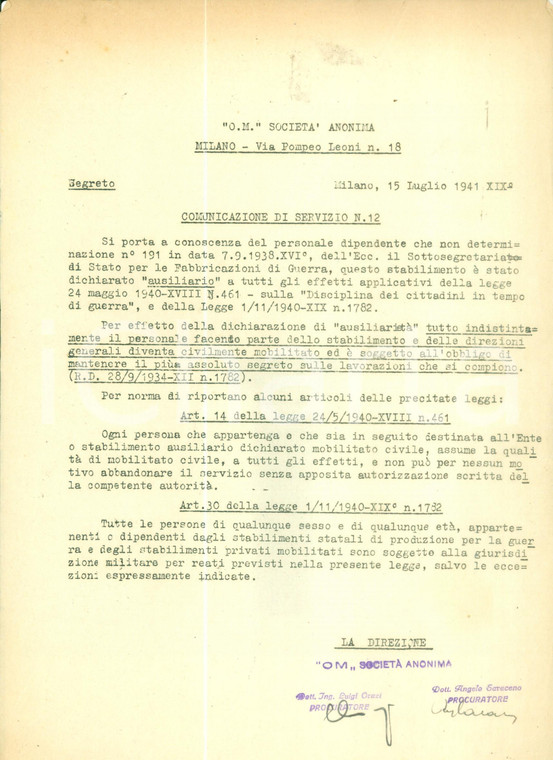 1941 MILANO Società Anonima O.M. dichiarato stabilimento ausiliario *Documento
