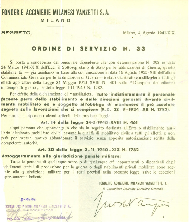 1941 MILANO Fonderie Acciaierie Milanesi VANZETTI S.A. mobilitato civilmente