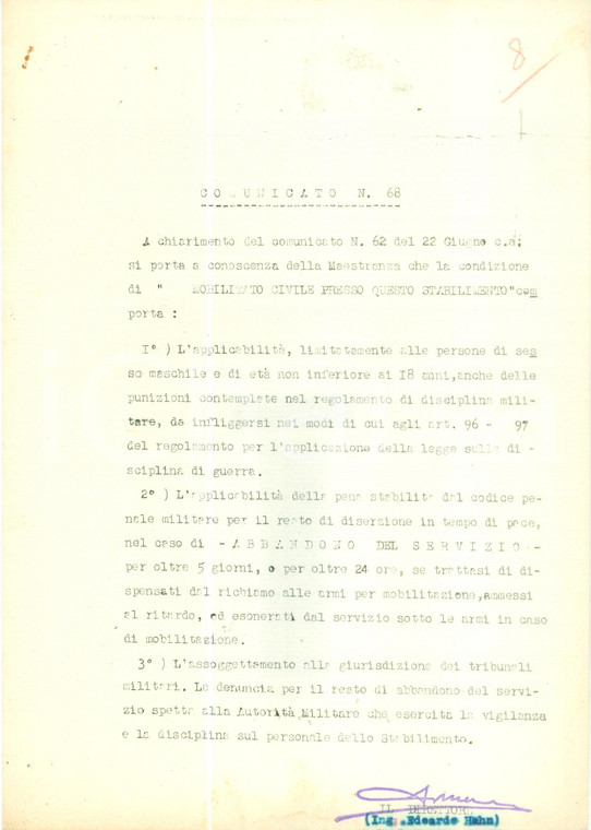 1940 TORINO WW2 Mobilitazione civile maestranze SNIA VISCOSA Documento