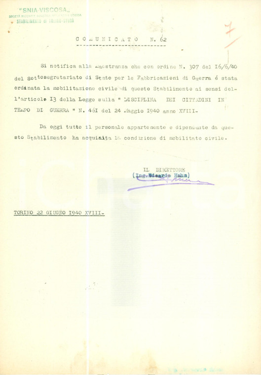 1940 TORINO WW2 Mobilitazione civile maestranze SNIA VISCOSA *Documento