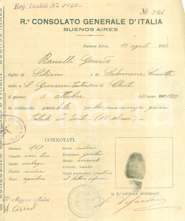 1915 BUENOS AIRES WW1 Gerardo RANALLI inabile per mancanza dei denti *Documento