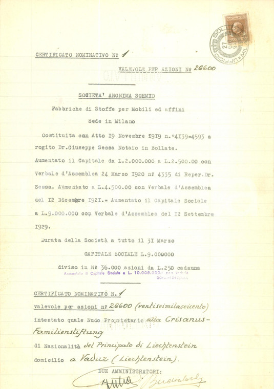 1942 MILANO Società Anonima SCHMID Certificato azionario provvisorio *Documento