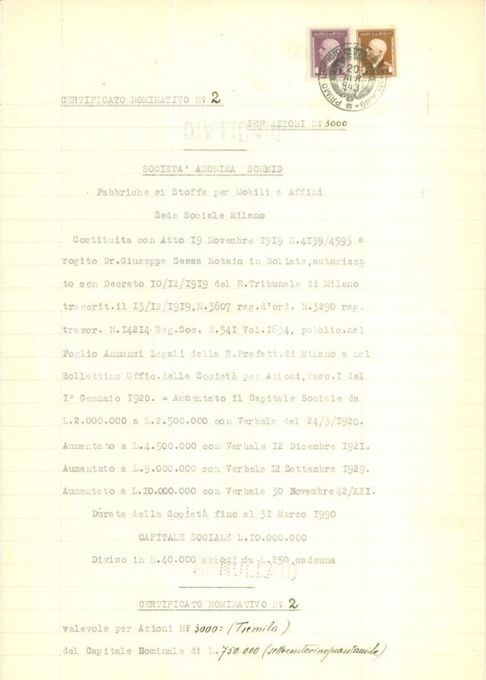 1943 MILANO Società Anonima SCHMID Certificato azionario provvisorio *Documento