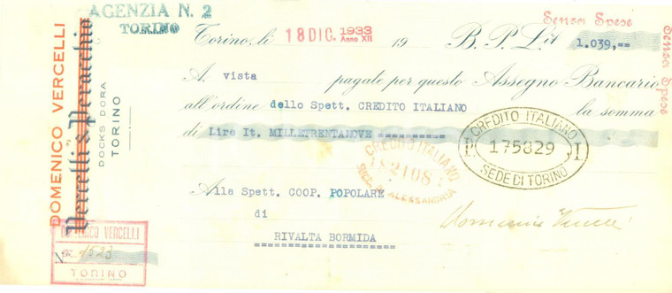 1933 TORINO DOCKS DORA Ditta Domenico VERCELLI *Assegno bancario pubblicitario