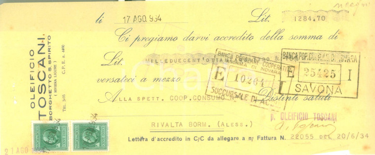 1934 BORGHETTO SANTO SPIRITO (SV) Oleificio TOSCANI *Lettera di accreditamento