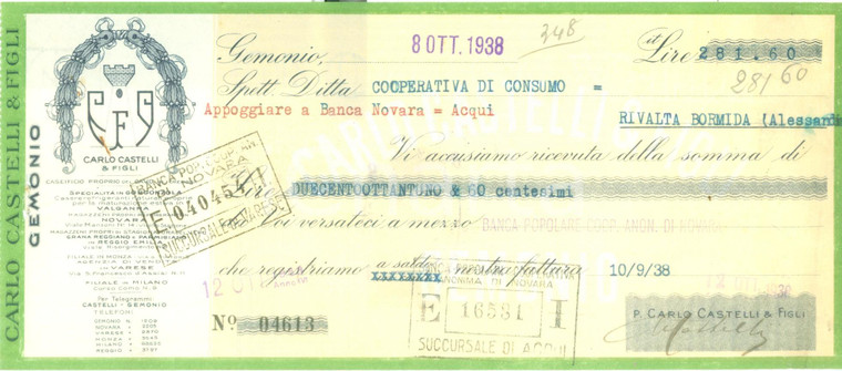 1938 GEMONIO (VA) Caseificio gorgonzola Carlo CASTELLI *Assegno pubblicitario