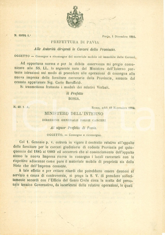 1884 PAVIA Norme per consegne materiale mobile e immobile delle Carceri