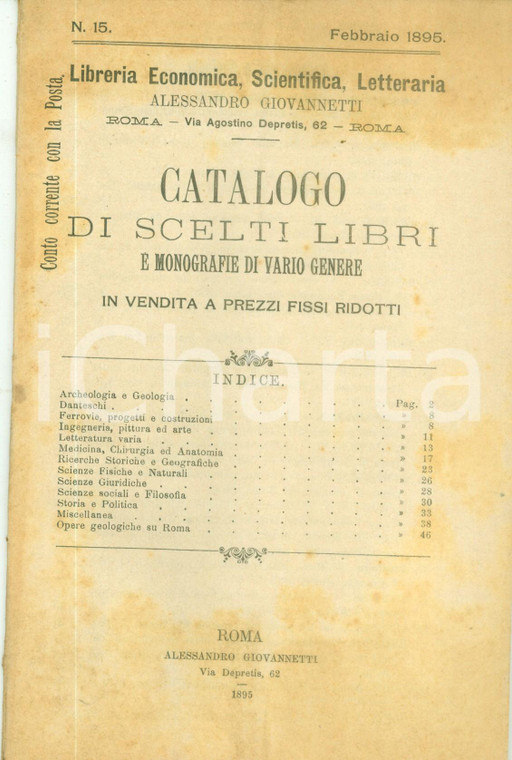 1895 MILANO Libreria Alessandro GIOVANNETTI Catalogo libri scelti monografie