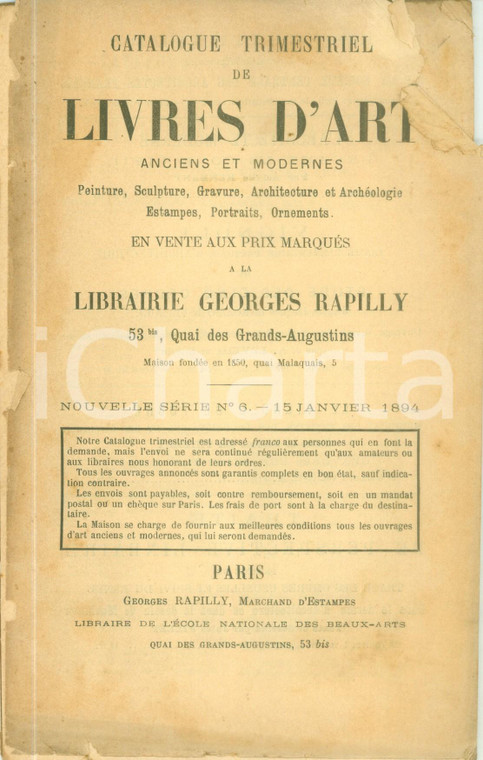 1894 PARIS Catalogue de livres d'art en vente chez RAPILLY *Catalogo DANNEGGIATO