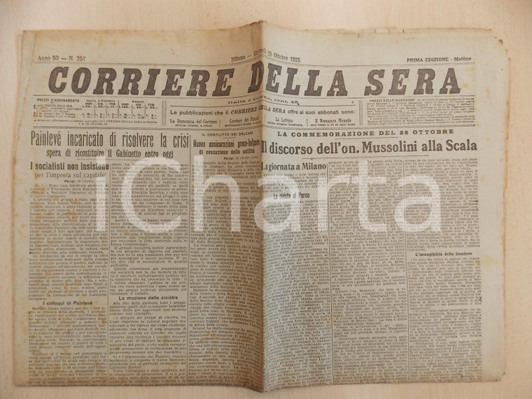 1925 CORRIERE DELLA SERA Benito MUSSOLINI alla SCALA commemora Marcia su Roma