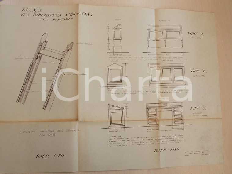 1930 ca MILANO Biblioteca Ambrosiana Sala BORROMEO *Progetto vetrinette