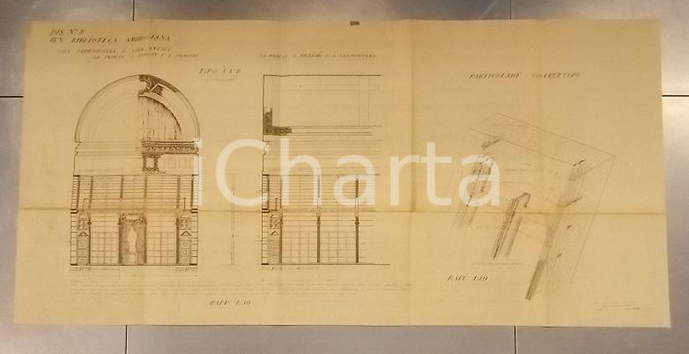 1930 ca MILANO Biblioteca Ambrosiana Sala Federiciana *Progetto scaffali parete