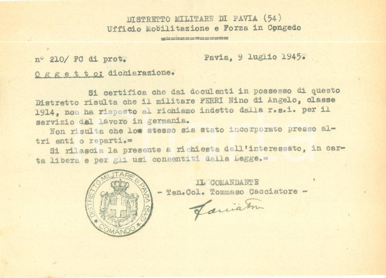 1945 PAVIA Nino FERRI non ha risposto a richiamo alle armi RSI *Documento
