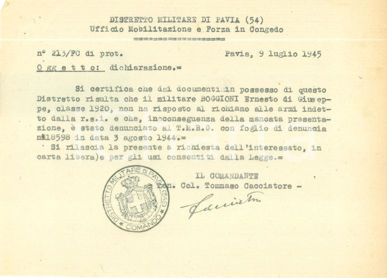 1945 PAVIA Ernesto BOGGIONI non ha risposto a richiamo alle armi RSI *Documento