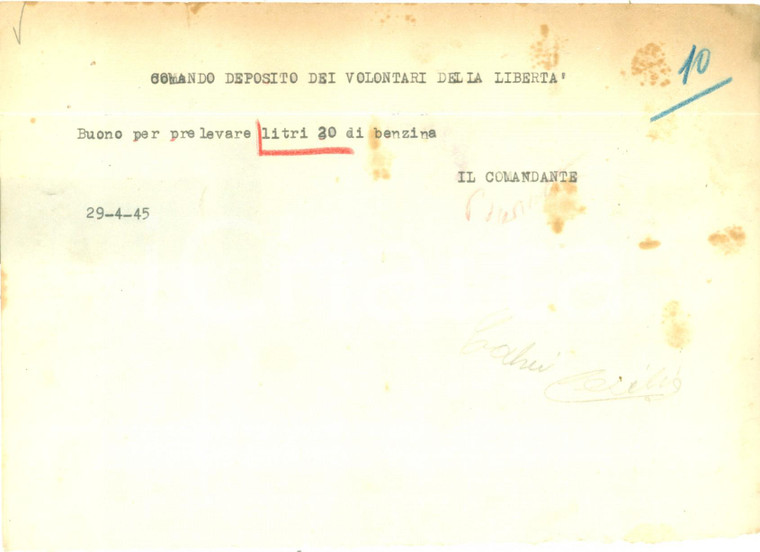 1945 PAVIA Deposito Volontari della Libertà Buono per prelevamento benzina