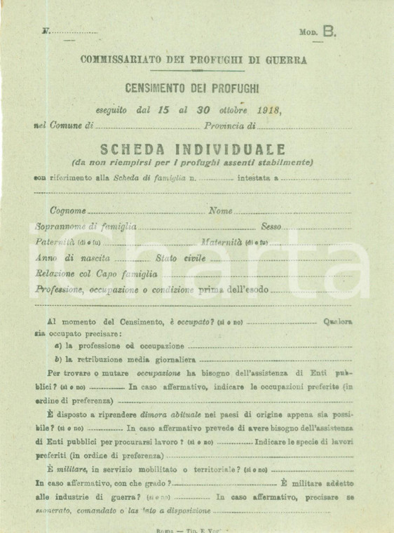 1918 ROMA WW1 Censimento profughi di guerra Scheda individuale NON COMPILATA