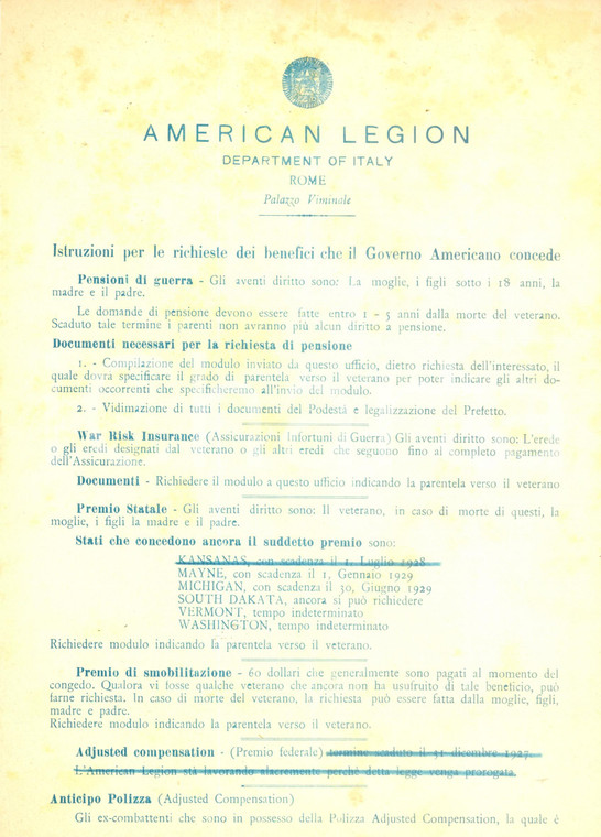 1945 ca ROMA AMERICAN LEGION Istruzioni per benefici Governo Americano