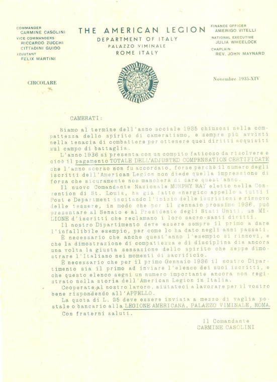 1935 ROMA The American Legion su pagamento Adjusted Compensation Certificate