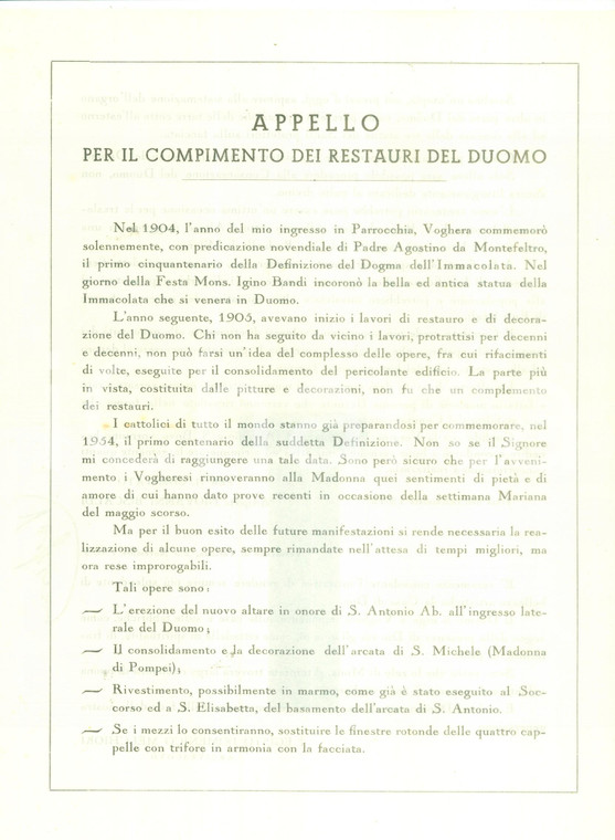 1952 VOGHERA (PV) Appello per compimento restauri del Duomo *Documento