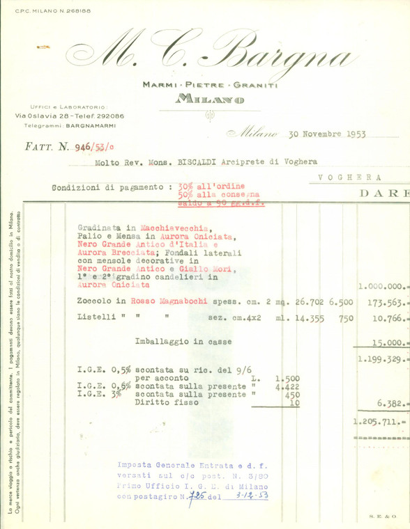 1953 MILANO Marmi pietre graniti BARGNA *Fattura commerciale dattiloscritta