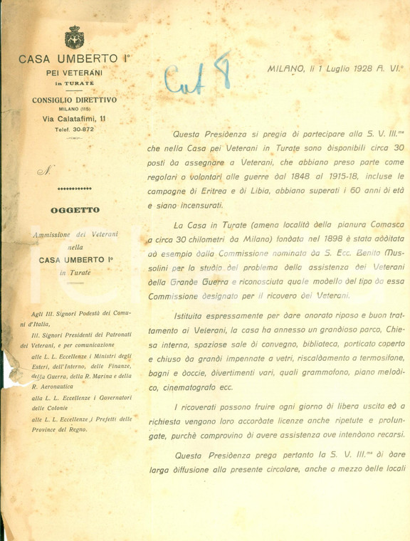 1928 TURATE (CO)Ammissione Veterani nella Casa UMBERTO I *Documento DANNEGGIATO