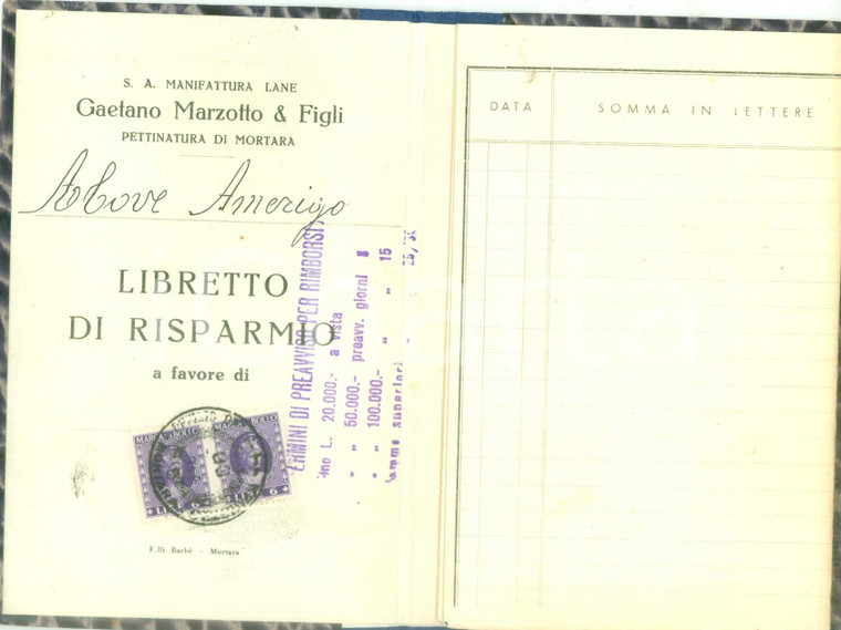 1950-1959 MORTARA Libretto risparmio Amerigo ABOVE Lane MARZOTTO