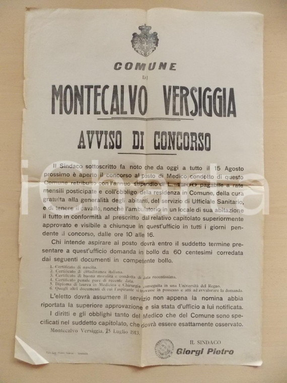 1913 MONTECALVO VERSIGGIA (PV) Concorso per medico condotto *Manifesto 43x64 cm